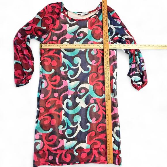 Diane von Furstenberg Shift Dress Sheer 100% Silk Georgette Eribec Blue Pink 2 - Picture 6 of 10